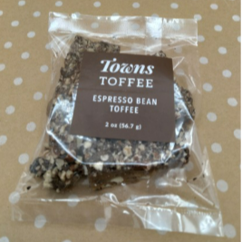 Packaged Towns Toffee Espresso Bean Toffee on a polka dot background