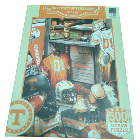 Jigsaw puzzle packaging with football-themed design on a white background