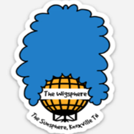 Sticker with a blue wig and 'The Wiggsphere' logo on a white background