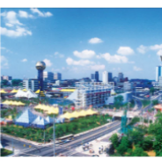 Cityscape with modern buildings and clear blue sky