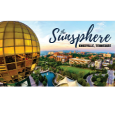 Promotional card for Sunsphere in Greenville, Tennessee with a scenic view of the area.