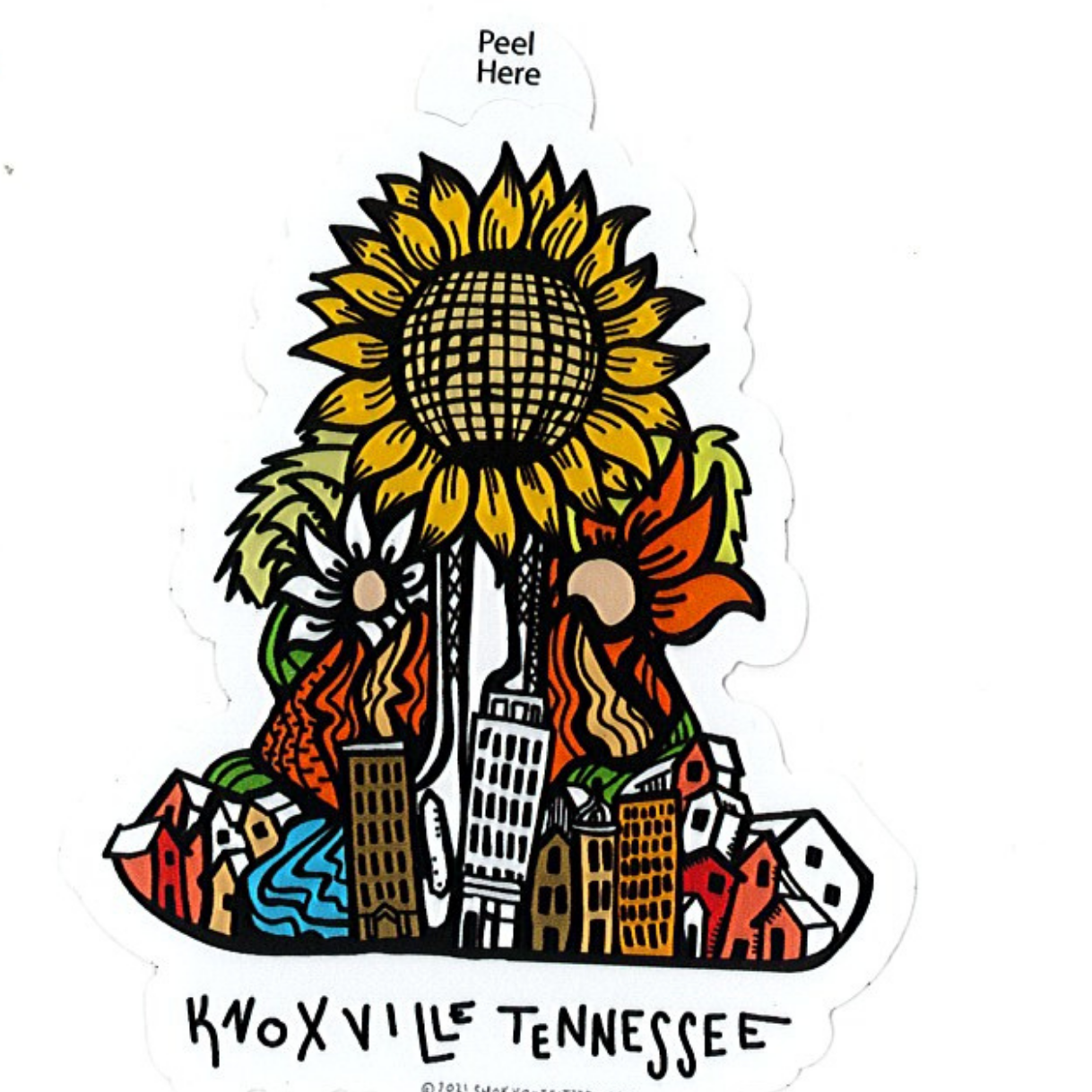 Sticker with a sunflower and cityscape design, featuring Knoxville, Tennessee.