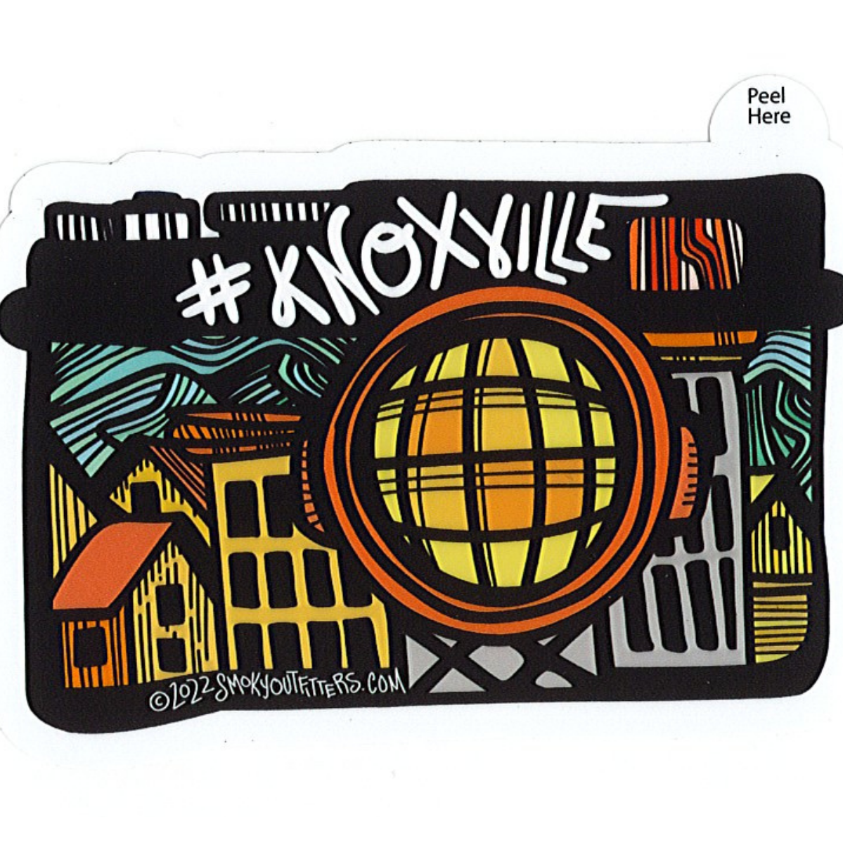 Colorful sticker with a globe design and text on a white background