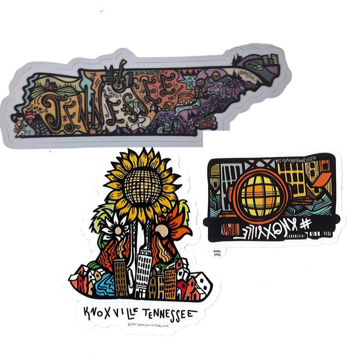 Colorful stickers of a sunflower, radio, and map of Knoxville Tennessee on a white background