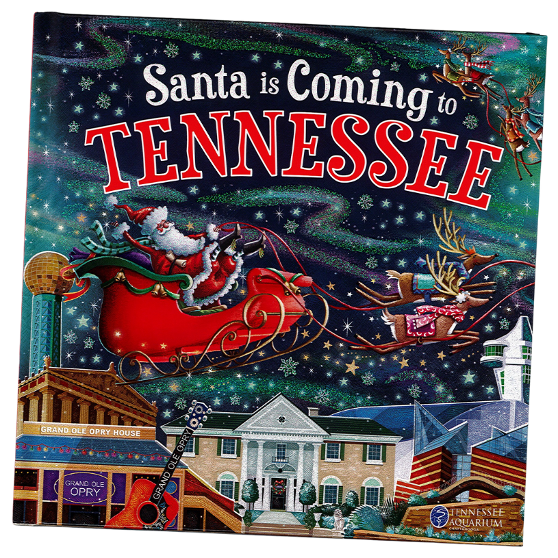 Book cover of 'Santa is Coming to Tennessee' with Santa's sleigh and reindeer on a white background.