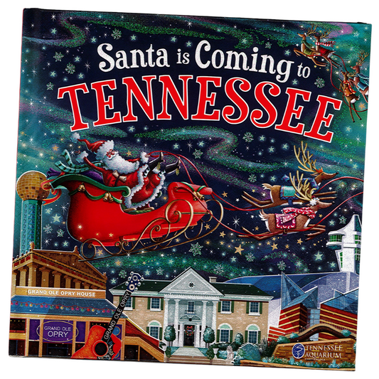 Book cover of 'Santa is Coming to Tennessee' with Santa's sleigh and reindeer on a white background.