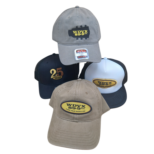 Four baseball caps with logos on a white background