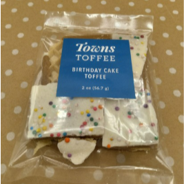 Packaged Towns Toffee Birthday Cake Toffee on a polka dot background