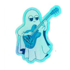 Ghost playing a blue guitar on a white background